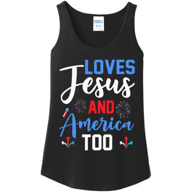 Retro Loves Jesus and America Too God Christian 4th of July Ladies Essential Tank