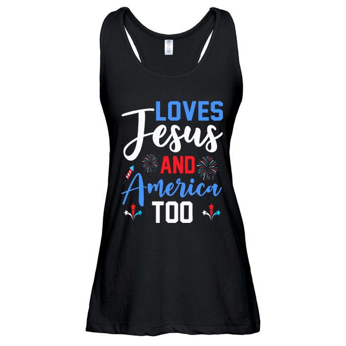 Retro Loves Jesus and America Too God Christian 4th of July Ladies Essential Flowy Tank