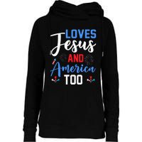 Retro Loves Jesus and America Too God Christian 4th of July Womens Funnel Neck Pullover Hood