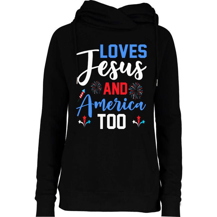 Retro Loves Jesus and America Too God Christian 4th of July Womens Funnel Neck Pullover Hood