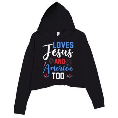 Retro Loves Jesus and America Too God Christian 4th of July Crop Fleece Hoodie