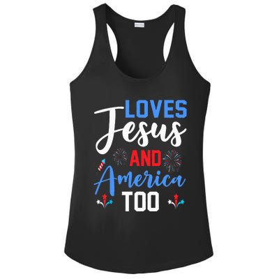 Retro Loves Jesus and America Too God Christian 4th of July Ladies PosiCharge Competitor Racerback Tank