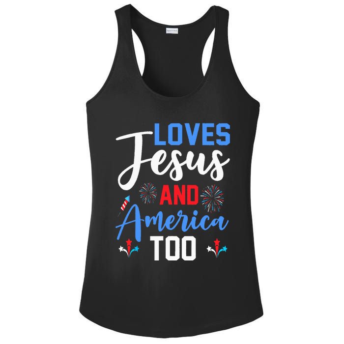 Retro Loves Jesus and America Too God Christian 4th of July Ladies PosiCharge Competitor Racerback Tank