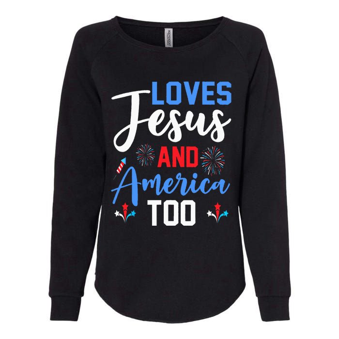 Retro Loves Jesus and America Too God Christian 4th of July Womens California Wash Sweatshirt