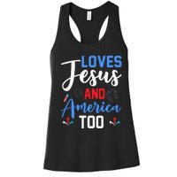 Retro Loves Jesus and America Too God Christian 4th of July Women's Racerback Tank