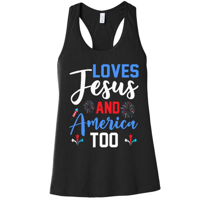 Retro Loves Jesus and America Too God Christian 4th of July Women's Racerback Tank