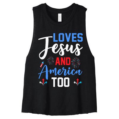 Retro Loves Jesus and America Too God Christian 4th of July Women's Racerback Cropped Tank