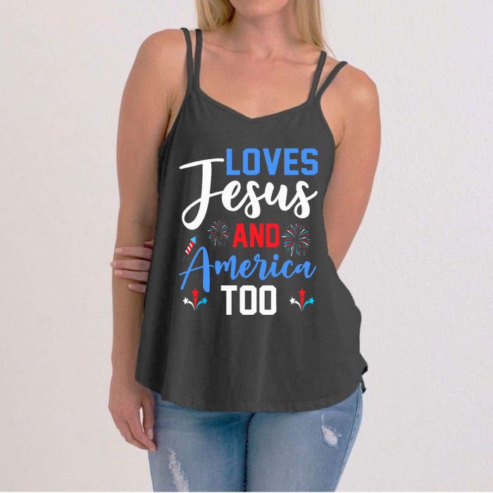 Retro Loves Jesus and America Too God Christian 4th of July Women's Strappy Tank