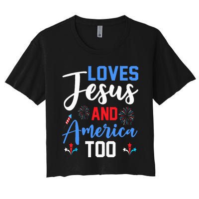 Retro Loves Jesus and America Too God Christian 4th of July Women's Crop Top Tee