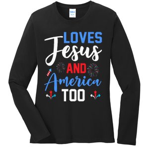 Retro Loves Jesus and America Too God Christian 4th of July Ladies Long Sleeve Shirt