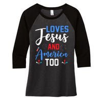 Retro Loves Jesus and America Too God Christian 4th of July Women's Tri-Blend 3/4-Sleeve Raglan Shirt