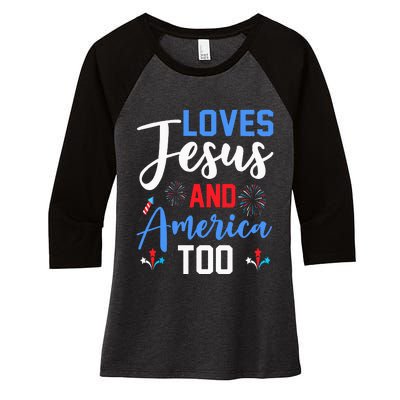 Retro Loves Jesus and America Too God Christian 4th of July Women's Tri-Blend 3/4-Sleeve Raglan Shirt