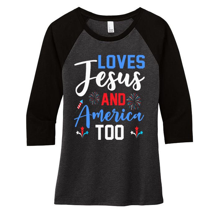 Retro Loves Jesus and America Too God Christian 4th of July Women's Tri-Blend 3/4-Sleeve Raglan Shirt