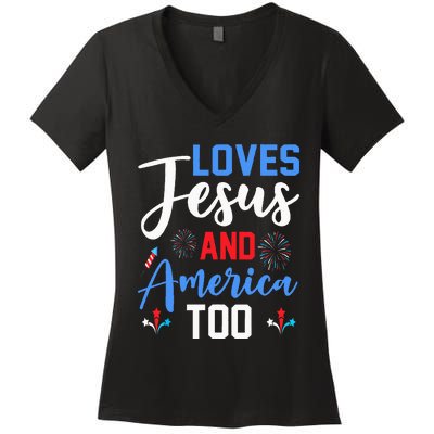 Retro Loves Jesus and America Too God Christian 4th of July Women's V-Neck T-Shirt