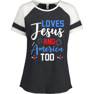 Retro Loves Jesus and America Too God Christian 4th of July Enza Ladies Jersey Colorblock Tee