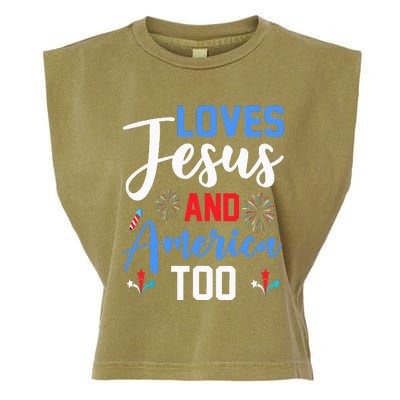 Retro Loves Jesus and America Too God Christian 4th of July Garment-Dyed Women's Muscle Tee