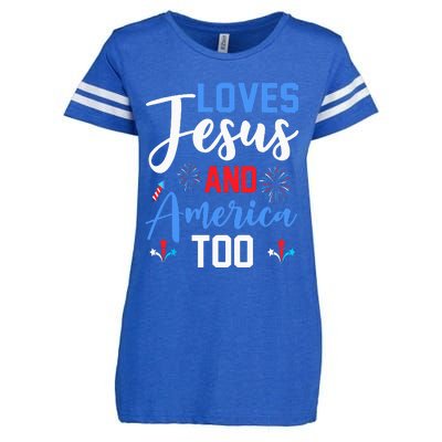 Retro Loves Jesus and America Too God Christian 4th of July Enza Ladies Jersey Football T-Shirt