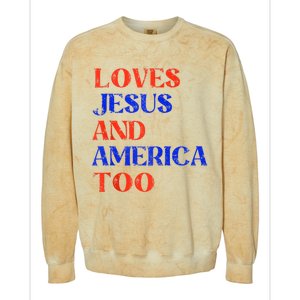 Retro Loves Jesus And America Too God Christian 4th Of July Colorblast Crewneck Sweatshirt