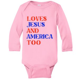 Retro Loves Jesus And America Too God Christian 4th Of July Baby Long Sleeve Bodysuit