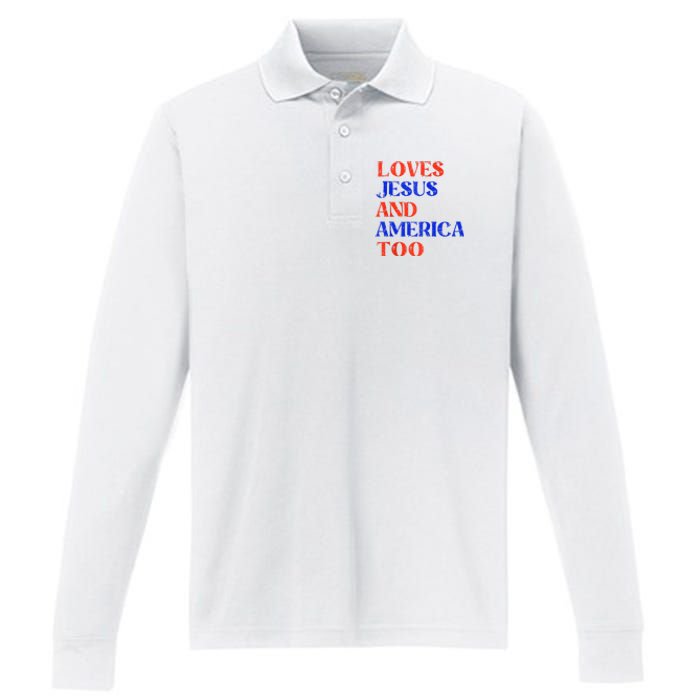 Retro Loves Jesus And America Too God Christian 4th Of July Performance Long Sleeve Polo