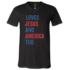 Retro Loves Jesus and America Too God Christian 4th of July V-Neck T-Shirt