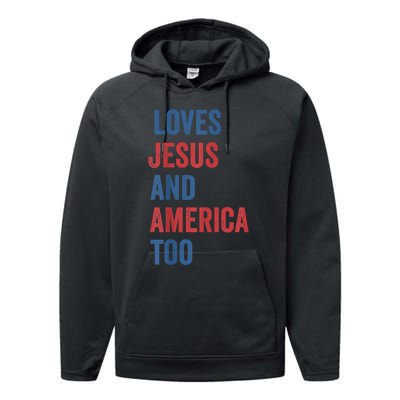 Retro Loves Jesus and America Too God Christian 4th of July Performance Fleece Hoodie