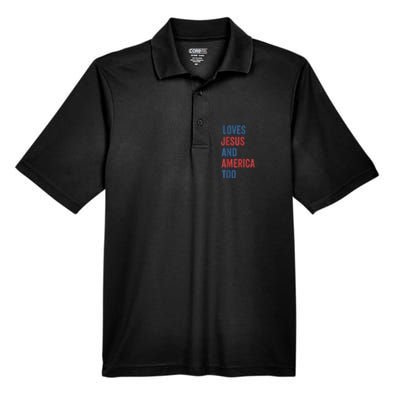 Retro Loves Jesus and America Too God Christian 4th of July Men's Origin Performance Pique Polo