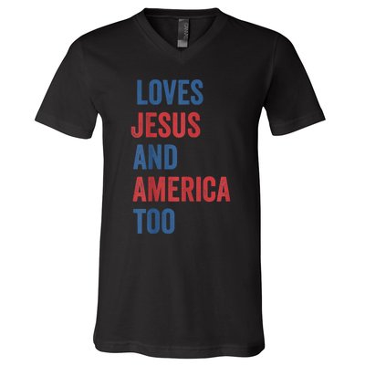 Retro Loves Jesus and America Too God Christian 4th of July V-Neck T-Shirt