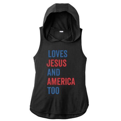 Retro Loves Jesus And America Too God Christian 4th Of July Ladies PosiCharge Tri-Blend Wicking Draft Hoodie Tank