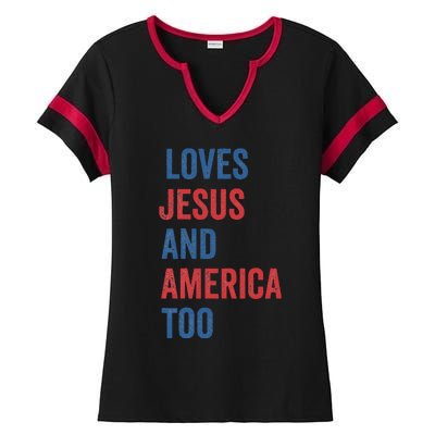 Retro Loves Jesus And America Too God Christian 4th Of July Ladies Halftime Notch Neck Tee