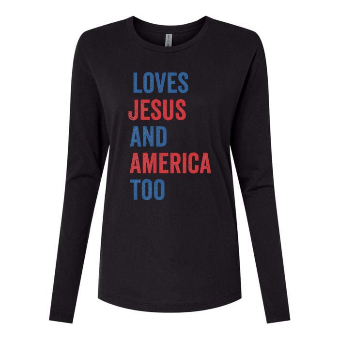 Retro Loves Jesus And America Too God Christian 4th Of July Womens Cotton Relaxed Long Sleeve T-Shirt