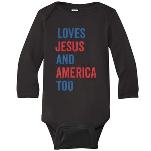 Retro Loves Jesus And America Too God Christian 4th Of July Baby Long Sleeve Bodysuit