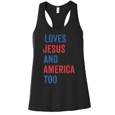 Retro Loves Jesus And America Too God Christian 4th Of July Women's Racerback Tank