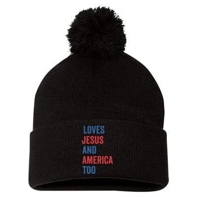 Retro Loves Jesus And America Too God Christian 4th Of July Pom Pom 12in Knit Beanie