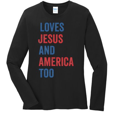 Retro Loves Jesus And America Too God Christian 4th Of July Ladies Long Sleeve Shirt