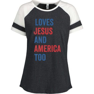 Retro Loves Jesus And America Too God Christian 4th Of July Enza Ladies Jersey Colorblock Tee