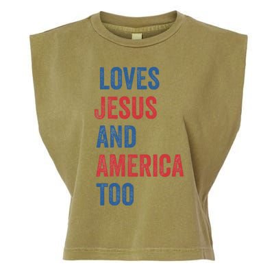 Retro Loves Jesus And America Too God Christian 4th Of July Garment-Dyed Women's Muscle Tee