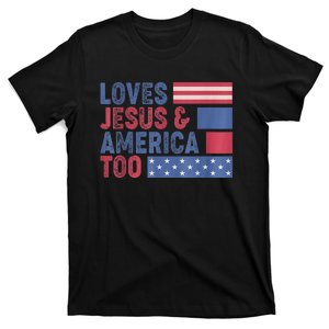 Retro Loves Jesus and America Too God Christian 4th of July T-Shirt