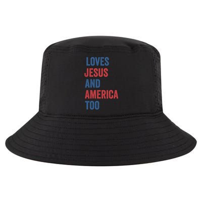 Retro Loves Jesus And America Too God Christian 4th Of July Meaningful Gift Cool Comfort Performance Bucket Hat