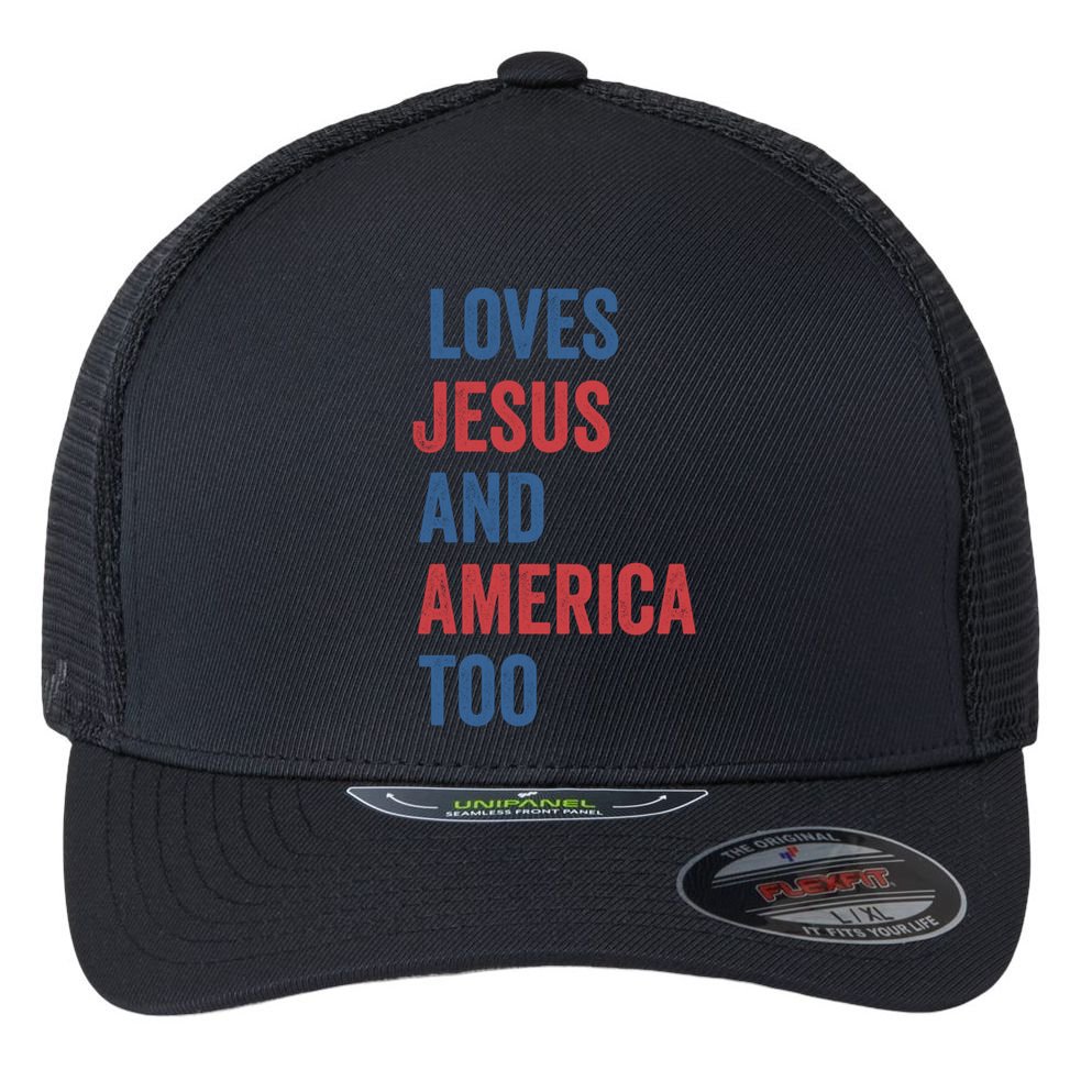 Retro Loves Jesus And America Too God Christian 4th Of July Meaningful Gift Flexfit Unipanel Trucker Cap