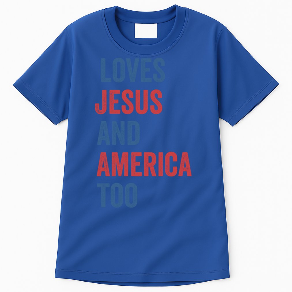 Retro Loves Jesus And America Too God Christian 4th Of July Meaningful Gift Tall T-Shirt