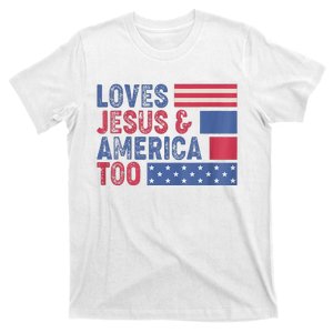 Retro Loves Jesus and America Too God Christian 4th of July T-Shirt