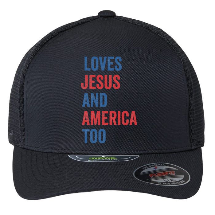 Retro Loves Jesus And America Too God Christian 4th Of July Flexfit Unipanel Trucker Cap