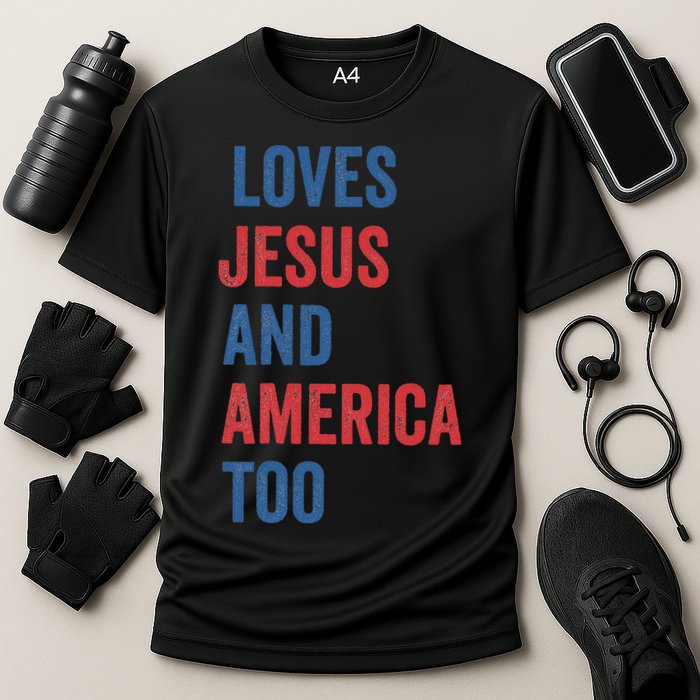 Retro Loves Jesus And America Too God Christian 4th Of July Cooling Performance Crew T-Shirt