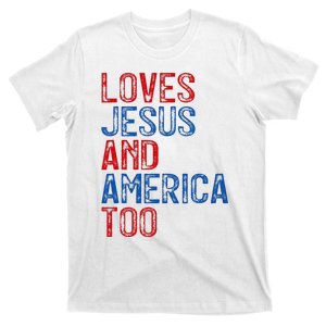 Retro Loves Jesus and America Too God Christian 4th of July T-Shirt