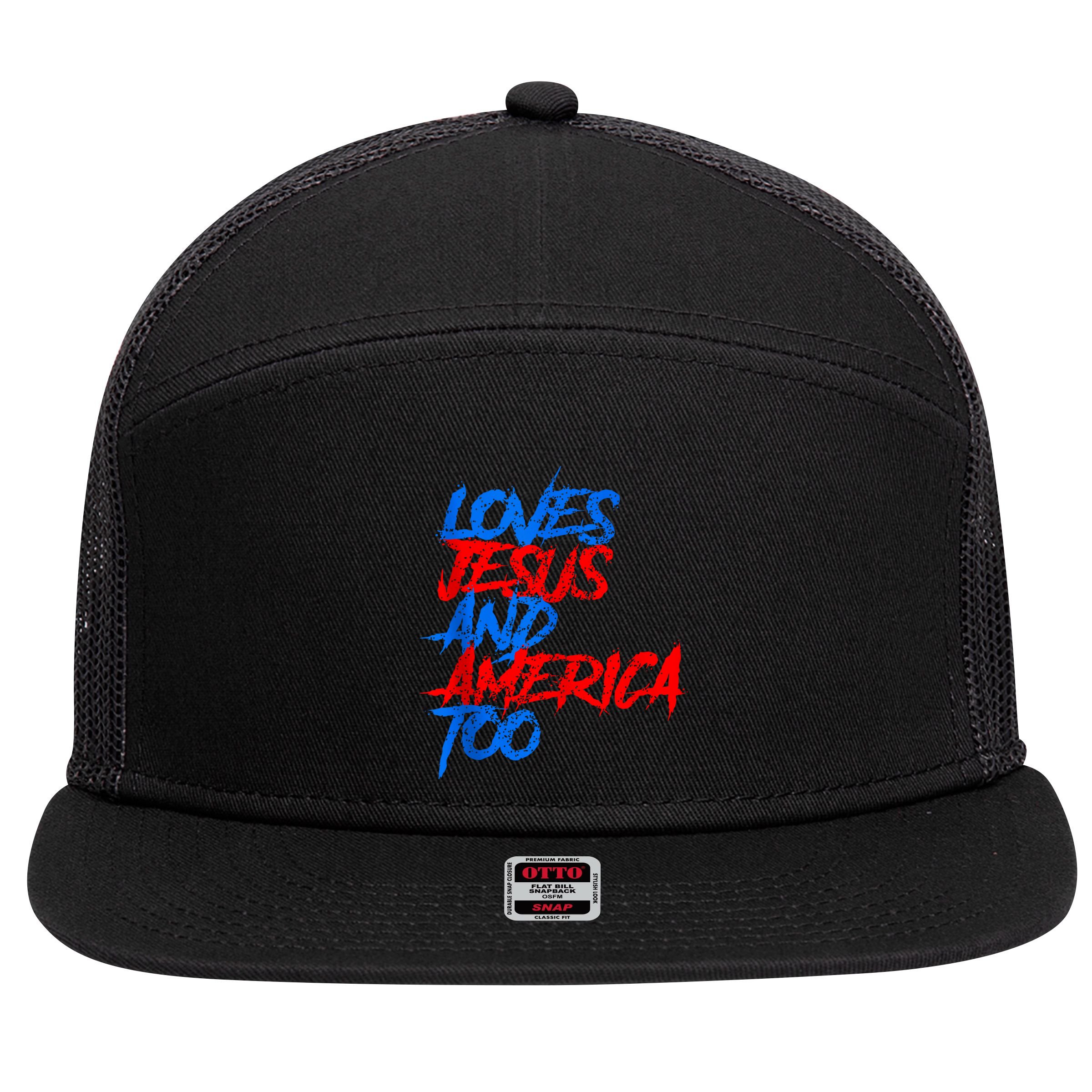 Retro Loves Jesus And America Too God Christian 4th Of July 7 Panel Mesh Trucker Snapback Hat
