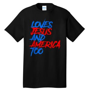 Retro Loves Jesus And America Too God Christian 4th Of July Tall T-Shirt