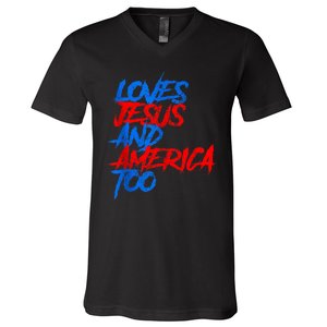 Retro Loves Jesus And America Too God Christian 4th Of July V-Neck T-Shirt