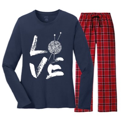 Retro Love Knitting Ball Of Yarn Vintage Hobby Gift Women's Long Sleeve Flannel Pajama Set 