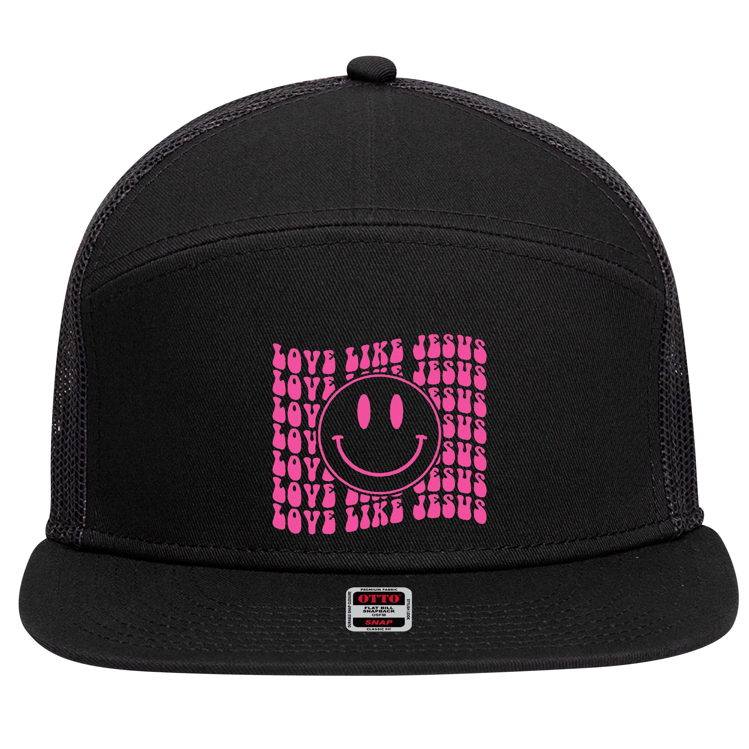 Retro Love Like Jesus Happy Face Aesthetic 7 Panel Mesh Trucker Snapback Hat